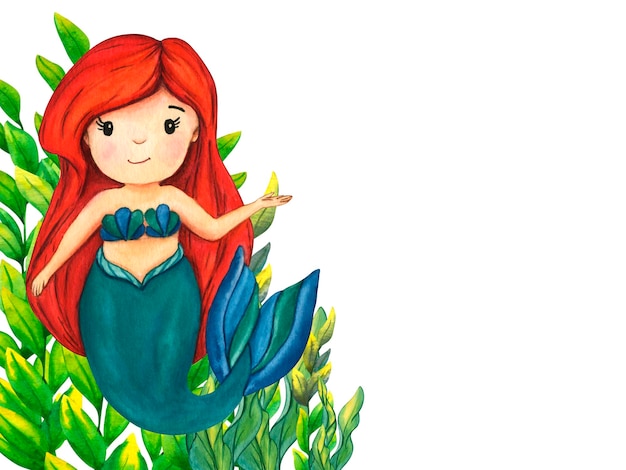 Quadro de algas marinhas com pequena sereia e peixes tropicais Planta do mar isolada no fundo branco Ilustrações botânicas pintadas à mão grama subaquática para decoração e design de impressão infantil