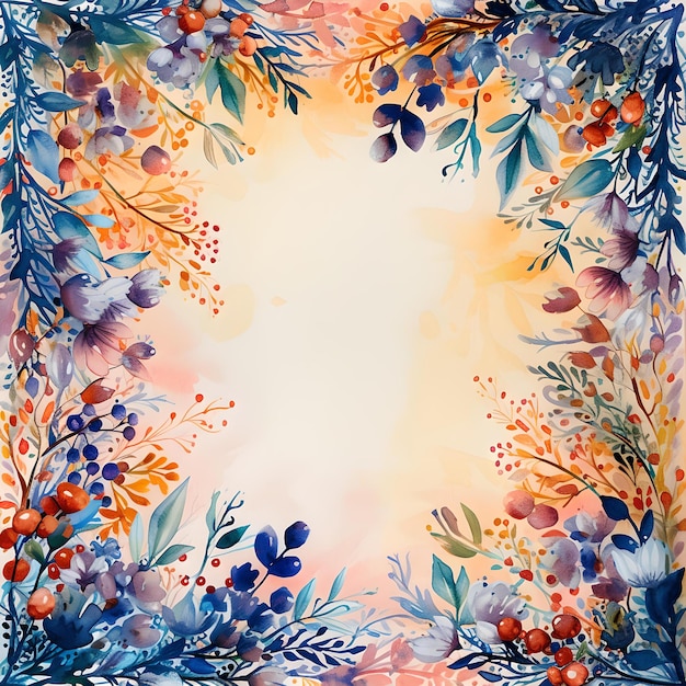 Quadro de aquarela floral elegante pintado à mão flores e bagas borda artística para convites AI