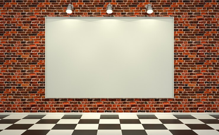 Foto quadro de avisos vazio na sala com a velha parede de tijolo vermelho. renderização 3d