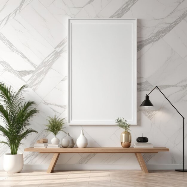 Quadro de cartaz branco de perto no interior de uma casa moderna com mármore de cor clara com textura de parede maquete de parede 3D