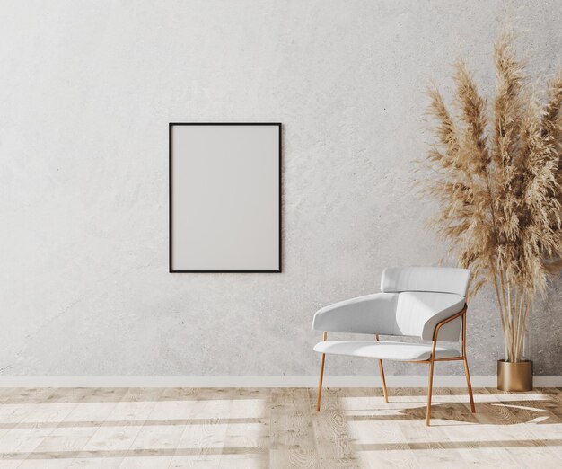 Quadro de cartaz em branco em interior de sala vazia contemporânea brilhante com cadeira branca de luxo em chão de parquet de madeira e parede de gesso decorativo branco renderização 3D