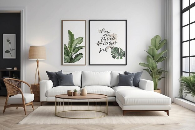 Foto quadro de cartaz maquete no interior da sala de estar da casa moderna com sofá branco e mesa de café com decoração 3d