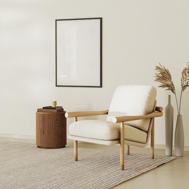 Foto quadro de cartaz quadro em branco no interior da casa moderna canto de leitura tons beige design moderno poltrona e móveis renderização 3d