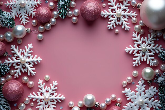 Quadro de composição de Natal de flocos de neve brancos e pérolas em fundo rosa plano colocado vista superior policial