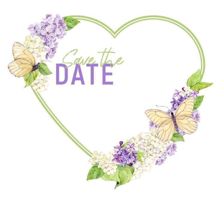 Foto quadro de coração romântico de lila com borboletas brancas modelo com espaço para texto feito de flores de primavera cartão de saudação de casamento salve a data