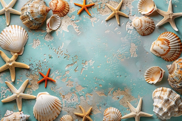 quadro de design de verão de conchas e estrelas-do-mar em um fundo de concreto azul vista superior com espaço de cópia