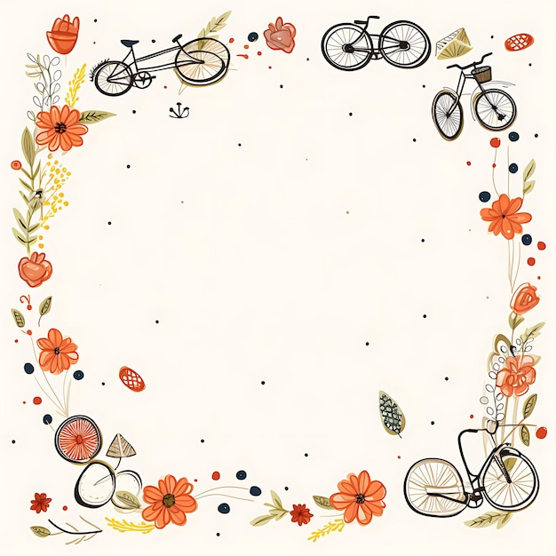 Quadro de Doodled Quadro oval com bicicletas Flores e cestas de piquenique Marcadores Clipart Tshirt Design