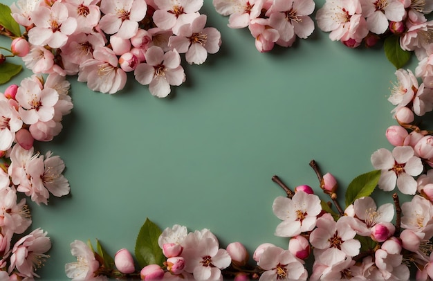 Quadro de flor de cerejeira rosa com fundo verde calmo e espaço vazio para texto no meio