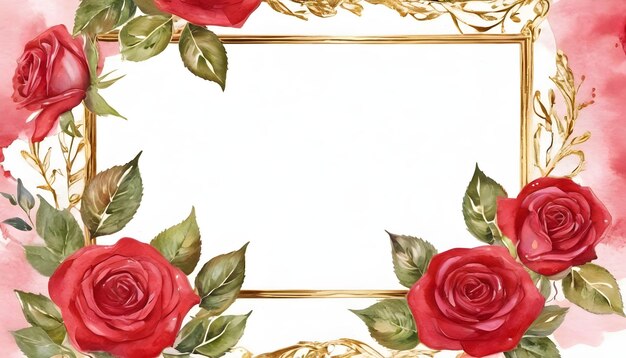 Quadro de flor de rosa vermelha e ouro com padrão de aquarela de fundo