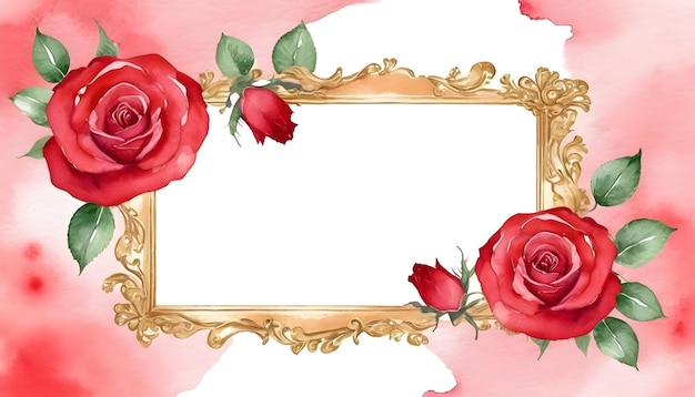 Quadro de flor de rosa vermelha e ouro com padrão de aquarela de fundo