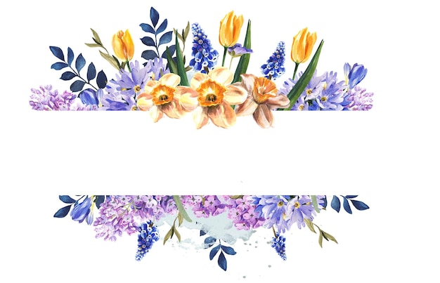 Quadro de flores da primavera em uma ilustração de aquarela de fundo branco