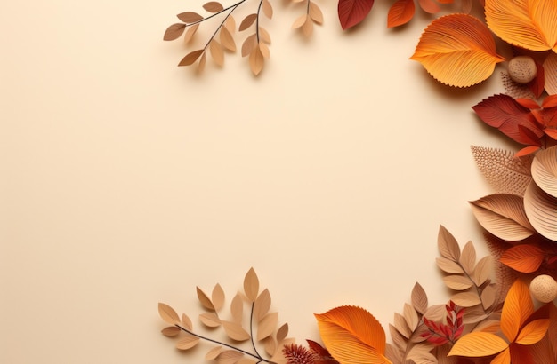 Quadro de folha de outono em fundo bege com folhas castanhas geradas por IA