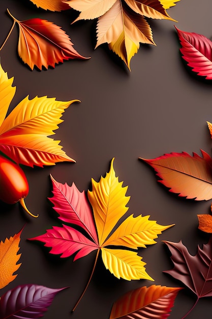 Quadro de folhas coloridas de outono em fundo escuro Vista superior plana para texto