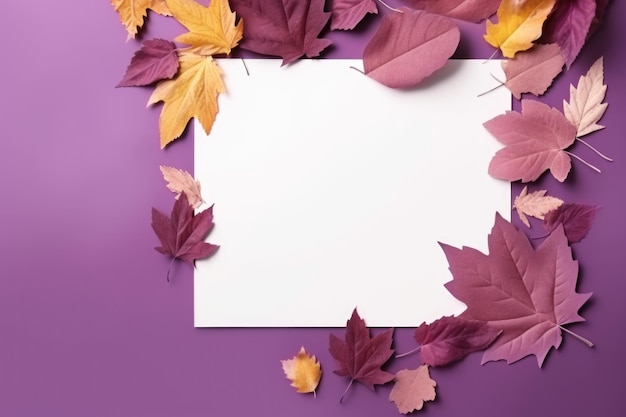 Quadro de folhas de outono em fundo roxo com espaço de cópia