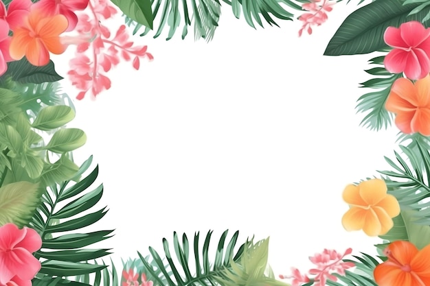 Quadro de folhas e flores tropicais em um fundo branco