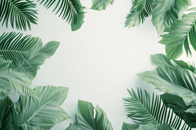 Quadro de folhas verdes tropicais em um fundo branco com espaço de cópia no centro para design