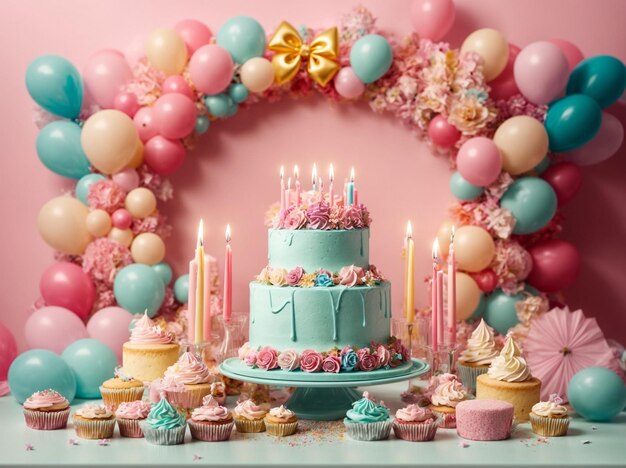 Quadro de fronteira de aniversário com balões e caixas de presentes pequenos bolos velas