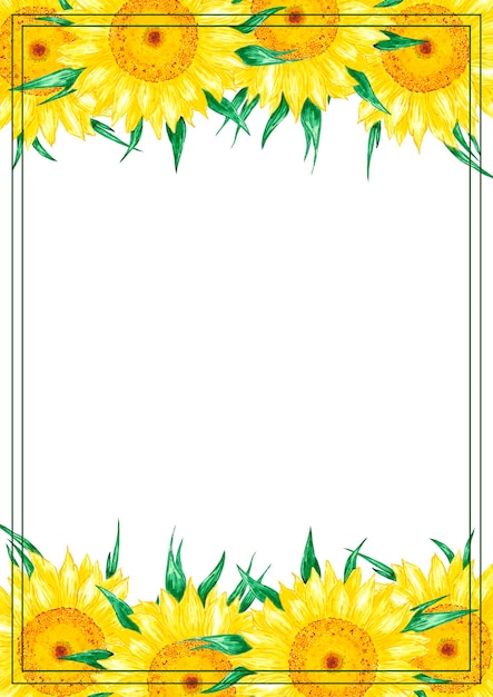 Foto quadro de fronteira de girassol amarelo desenhado à mão isolado em fundo branco pode ser usado para convite postal cartaz decoração de livro e outros produtos impressos