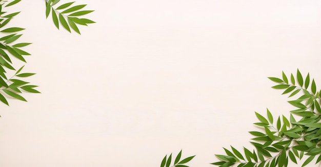Quadro de galhos com folhas verdes em um fundo de madeira clara IA gerativa