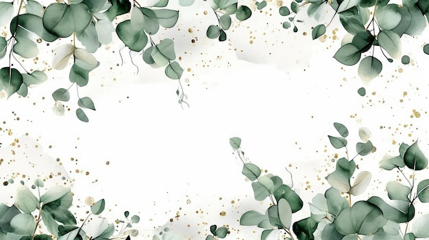 Quadro de galhos de eucalipto e folhas verdes e douradas em técnica aquarela isolada em um fundo branco encontra-se em um espaço plano para texto