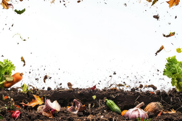 Quadro de IA generativo de resíduos alimentares, compost e conceito ambiental do solo fundo branco