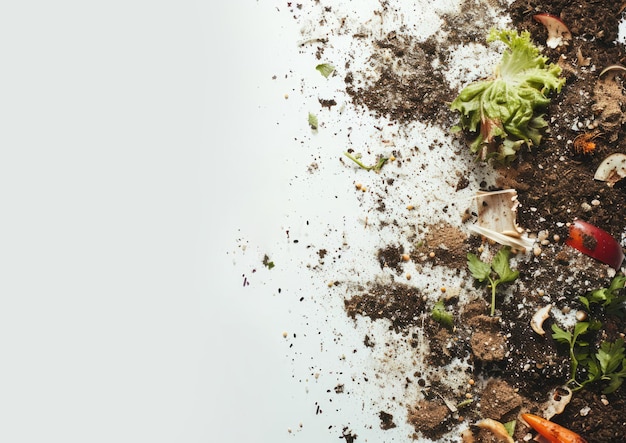 Quadro de IA generativo de resíduos alimentares, compost e conceito ambiental do solo fundo branco