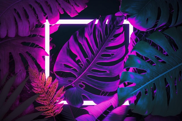 Quadro de luz neon em uma selva roxa com folhas tropicais