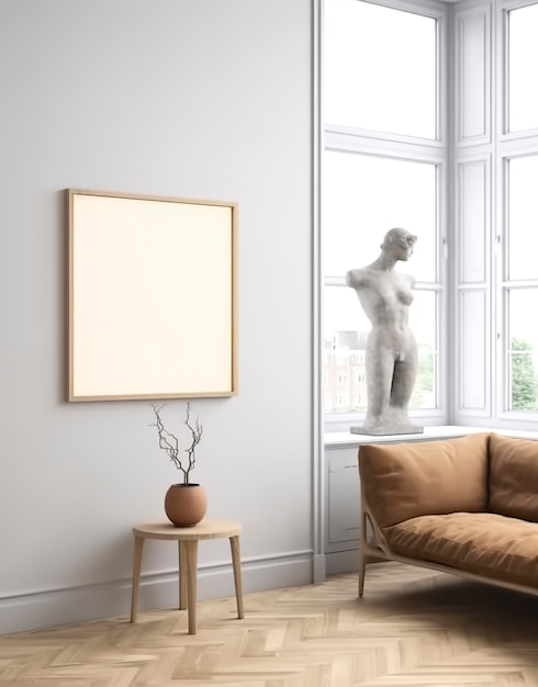 Quadro de maquete na sala de estar escandinava contemporânea renderização 3d AI Generative