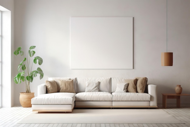 Quadro de maquete retangular em branco em uma sala de estar moderna minimalista com um sofá branco
