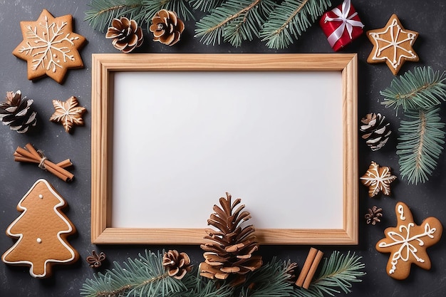 Quadro de Natal com biscoitos de pão de gengibre Árvore de Natal cones de pinheiro brinquedos Copiar espaço para texto feriados de inverno