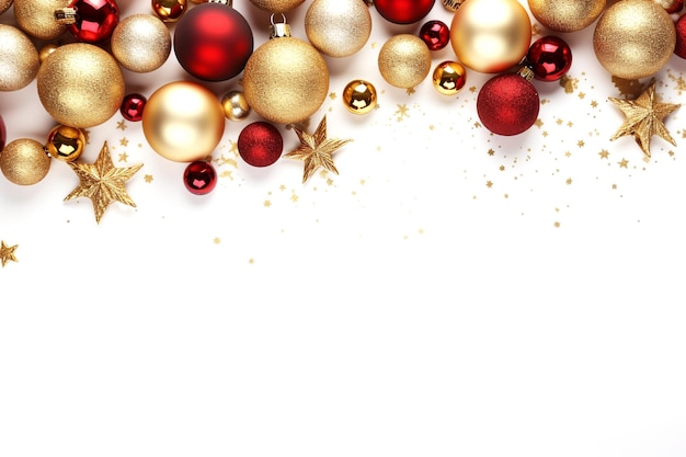 Foto quadro de natal com decorações de natal douradas e vermelhas em fundo branco gerado por ia