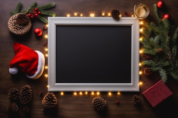 Quadro de Natal com decorações de Natal e luzes em uma mesa de madeira