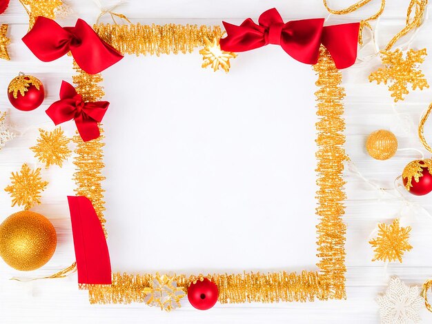 Foto quadro de natal com uma mistura de decorações de natal vermelhas e douradas em um fundo branco limpo