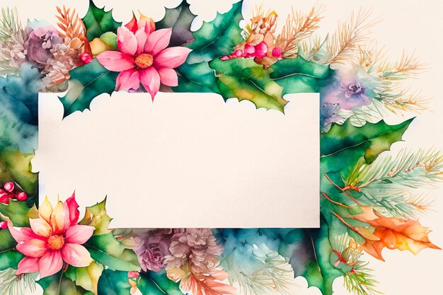 Foto quadro de natal de cor d'água com flores e lugar de cópia para texto ilustração para cartão de saudação