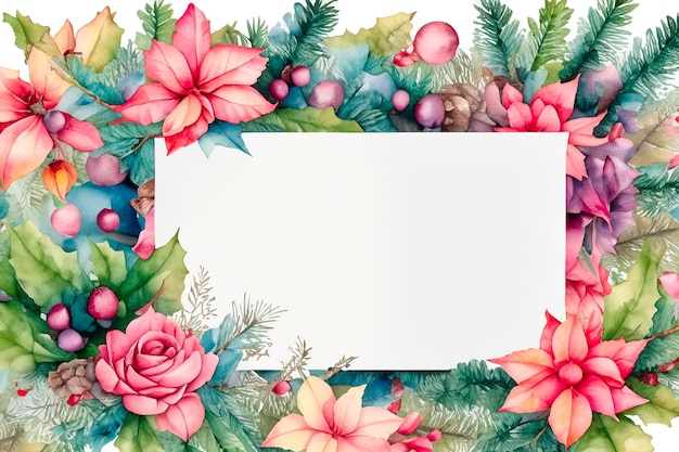 Foto quadro de natal de cor d'água com flores e lugar de cópia para texto ilustração para cartão de saudação