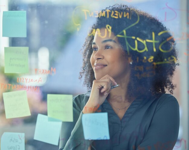 Quadro de negócios e brainstorming de mulheres negras e notas post-it com ideias para planejamento de projetos e estratégia para marketing ou empresa de investimentos Pensando profissional e inovação e plano de visão