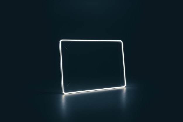 Quadro de néon branco em cima de uma superfície refletora com fundo preto