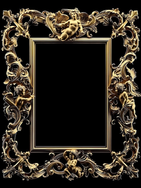 Quadro de ouro renascentista com querubim e folha de acanto Detalhes de metal metal luxo borda cara