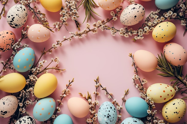 Quadro de ovos coloridos pintados em quadro de mesa pastel cópia de espaço vista superior Feliz Páscoa