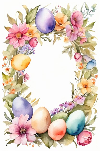 Quadro de ovos de Páscoa de aquarela multicolor com flores de primavera cartão de Páscua com um espaço para texto de fundo de Pásqua rústico gerado pela IA