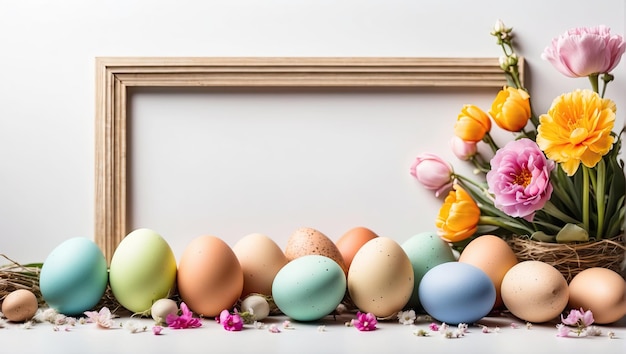 Quadro de ovos de Páscoa multicoloridos com flores de primavera cartão de Pásqua com um espaço para texto fundo de Páscua rústico gerado pela IA