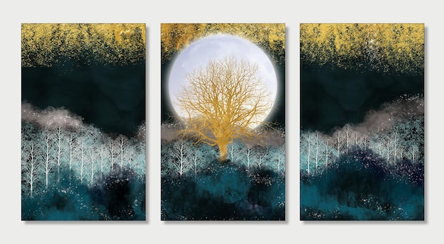 Quadro de parede com 3 peças, arte, tela, árvore de natal, montanhas e lua branca em paisagem escura