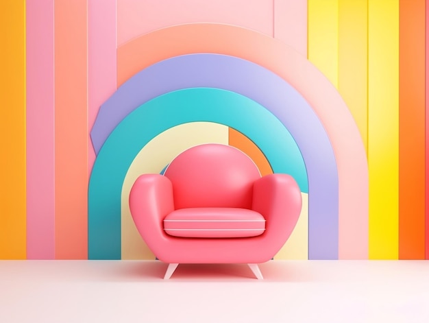 Quadro de parede de fundo listrado vibrante multicolorido pastel com design de interiores de poltrona