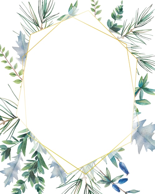 Quadro de plantas de natal de hexágono. mão desenhada design de cartão de inverno com galhos verdes, folhas, pinheiro. saudação ou modelo de logotipo.