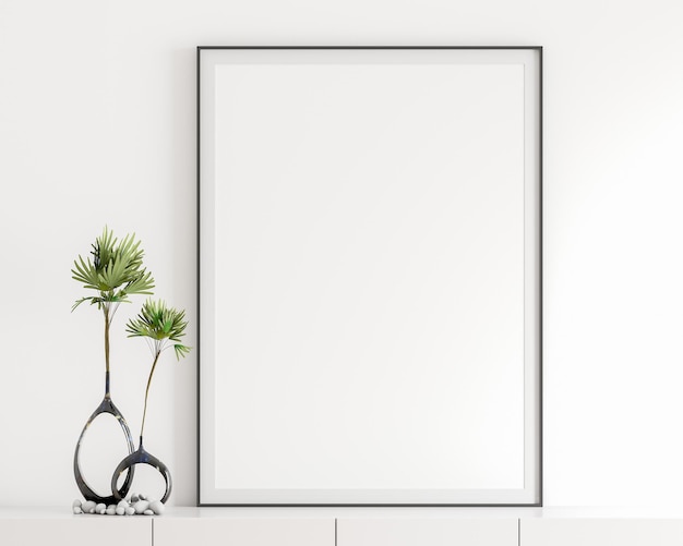 Quadro de pôster branco em branco quadro preto na sala de estar elegante simples parede branca armário de exibição moderno tampo da mesa livro branco vaso preto buquê de folha verde pedras decorativas renderização em 3D