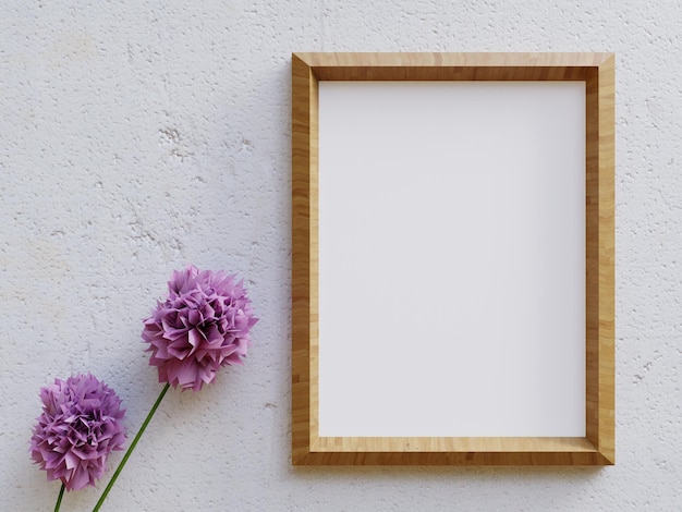 Foto quadro de pôster em branco na parede com flores para renderização 3d de maquete