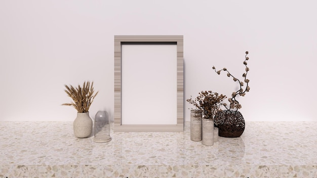 Quadro de pôster na maquete da sala de estar com fundo branco limpo, acessórios e mesa de terrazzo