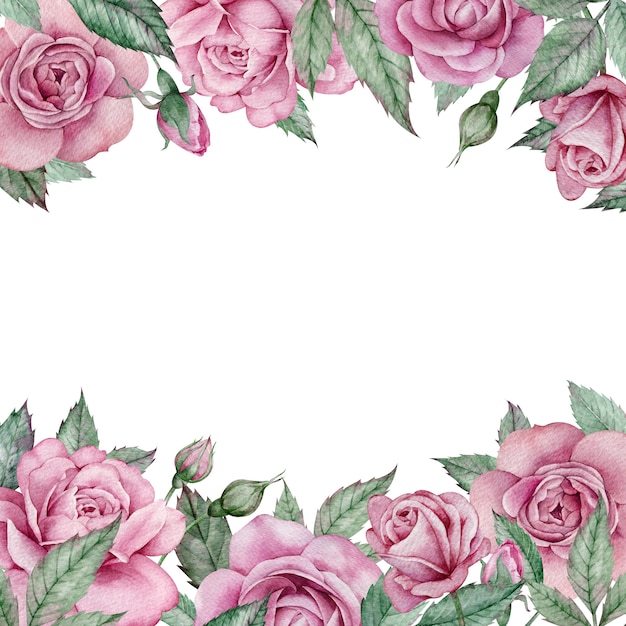 Quadro de rosas cor de rosa. Quadro de casamento floral quadrado desenhado à mão em aquarela. Moldura de dia dos namorados