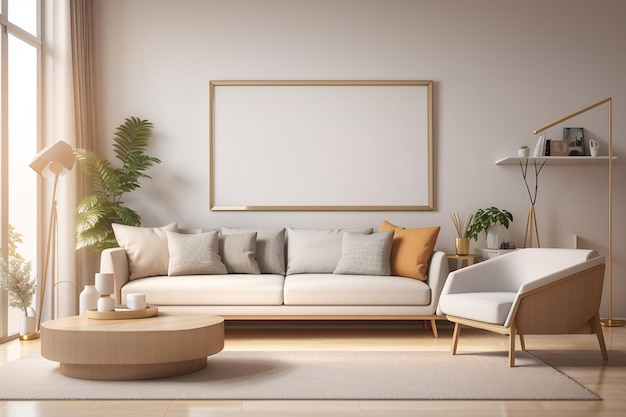 Quadro de simulação de renderização 3D na sala de estar com sofá