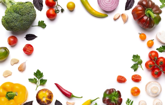 Quadro de vegetais orgânicos variados em fundo branco
